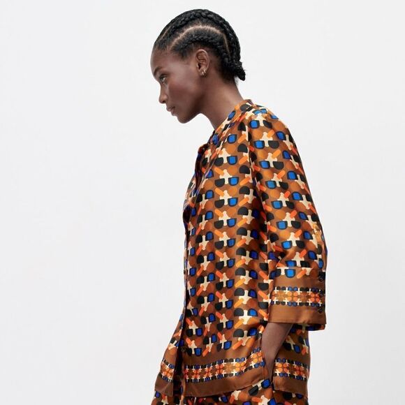 ZARA PRINTED BAND COLLAR SHIRT - Picture 2 of 8